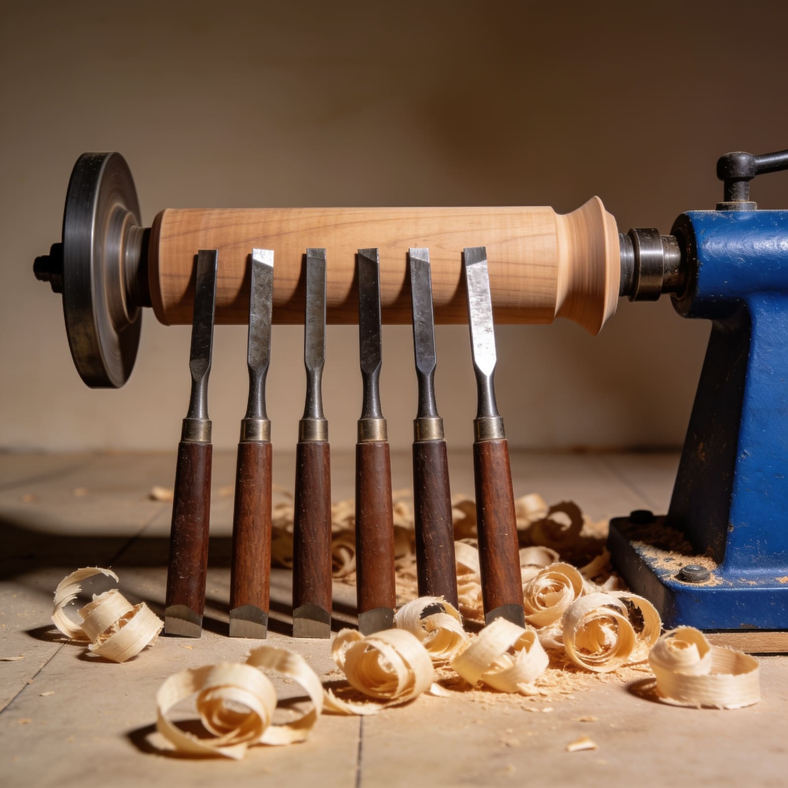 Tornio da legno con sgorbie disposte a fianco in laboratorio